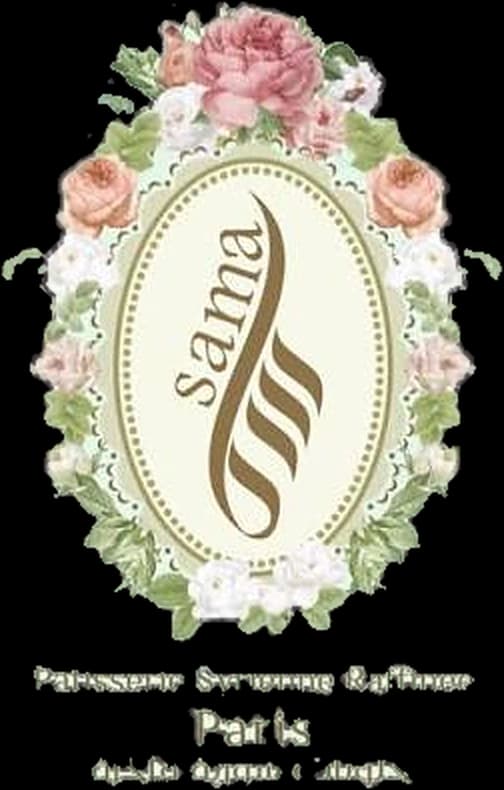 Le logo de Sama Délices : le monogramme sama dans un médaillon perlé, couronné de roses, et la signature Pâtisserie syrienne raffinée, Paris